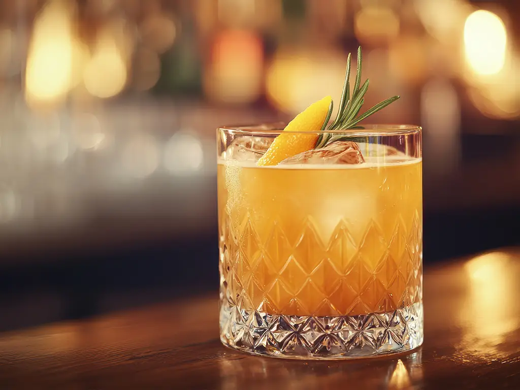 Craft cocktail with a rosemary garnish at Morton's Tavern in Fort Worth