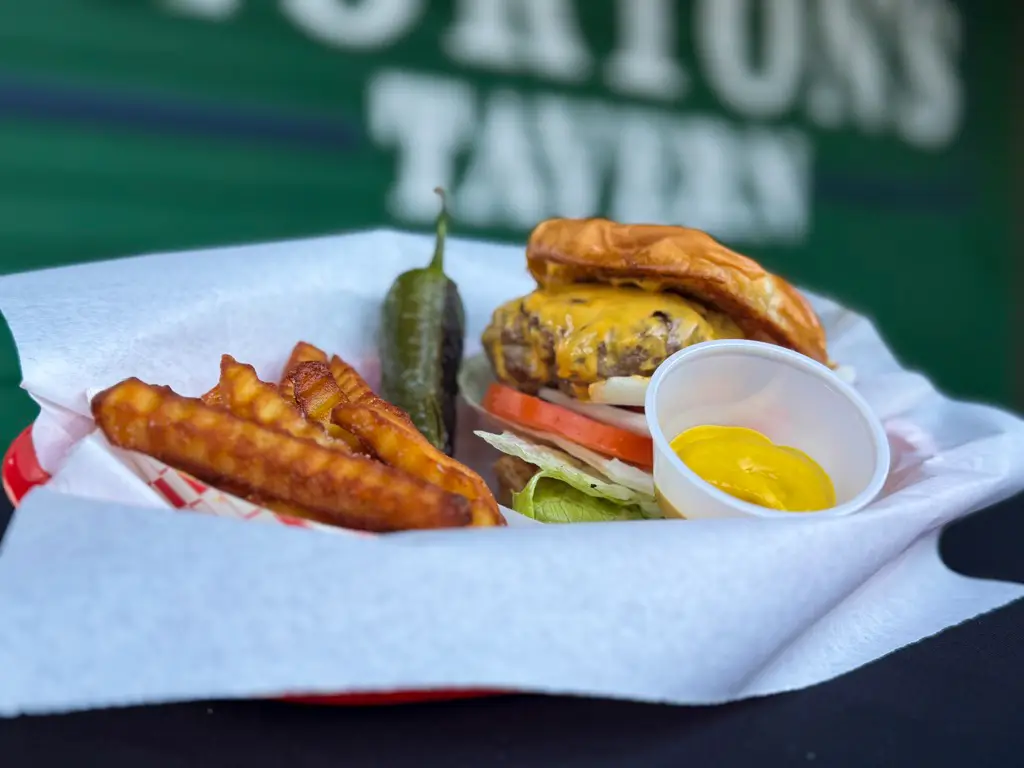 JesCrave burger and fries at Morton's Tavern in Fort Worth